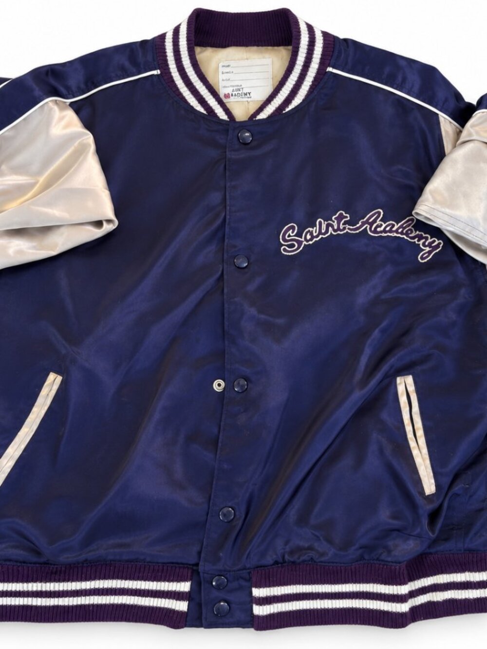Saint Academy Satin Varsity Bomber Jacket Navy Cream Size M